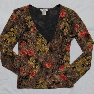 Camisa envolvente sintética estampado floral malla Y2K vintage caprichosa talla L hecha en EE. UU. - Imagen 1 de 6