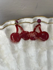Double Cherries Cherry Dangling Pierced Earrings Pink Beaded Stud - Picture 1 of 4