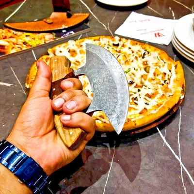Damascus Handmade Pizza Slicer, Cutter W/ Wood Handle Ulu Knife W/Leather Sheath - Image 1 of 4