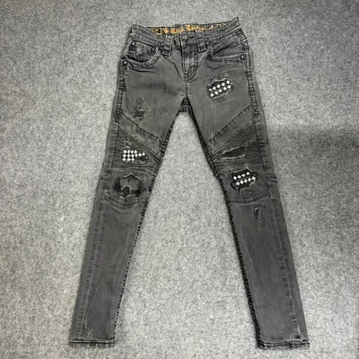 Pantalones de mezclilla Rock Revival para hombre 28 negros desgastados motociclista retazos edición coleccionista Foto 1 de 4