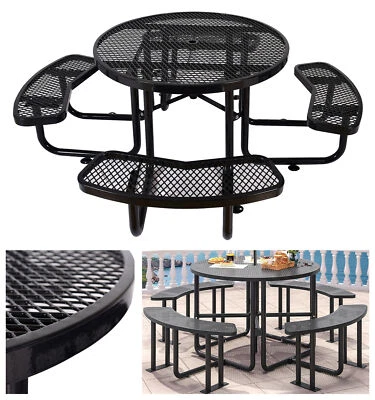 46 Inch Outdoor Round Steel Picnic Table & Bench for Garden with Umbrella Hole - Image 1 of 4