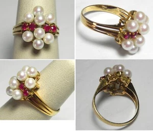 V082 Vintage Solid 18K Yellow Gold Ruby and Cultured Pearl Cluster Ring, Sz 6.5 - Picture 1 of 1