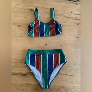 Cupshe Striped Bikini Swimsuit Blue Brown Green Spandex Women's Large Preloved - Picture 1 of 6