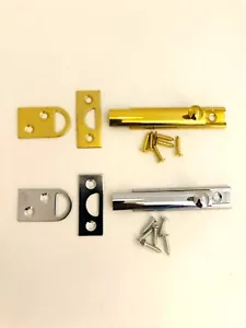 Flat Slide Cabinet Door Bolt Straight - Solid Polished Brass/Chrome With Screws - Picture 1 of 3