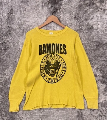 Vintage 70s Ramones Shirt Small Mens Banana Yellow Fitted Thermal Long Sleeve - Image 1 of 4