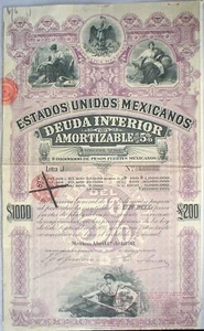 Mexiko VEREINIGTE STAATEN MEXIKANISCHE ANLEIHE 5% Innenschulden 1000 $ = £200 1898 uncanc. - Bild 1 von 4