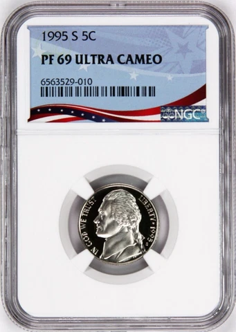 1995-S Proof Jefferson Nickel, Graded PF69UC NGC * OSR Sales Patriotic Label Cover