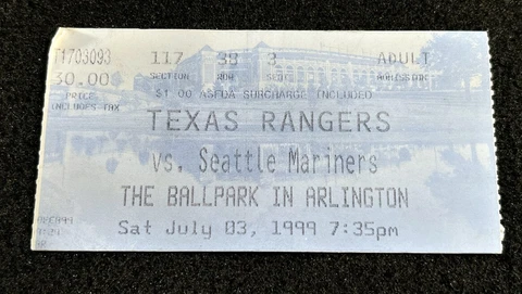 July 3 1999 Mariners Rangers Ticket Stub Alex Rodriguez 2 Home Runs Ken Griffey Cover