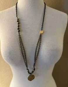 TAT 2 Designs Coin Black & Brass Gold Tone Long Chain Pendant Necklace Tat2 - Picture 1 of 9