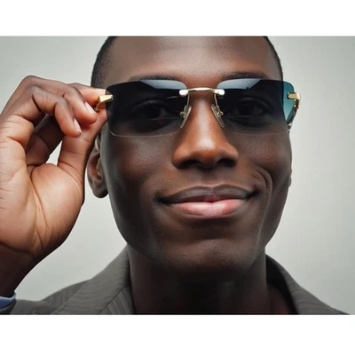 Óculos de sol sem aro lente verde detalhes dourados braços brancos moda masculina gafas pequenas - Imagem 1 de 4