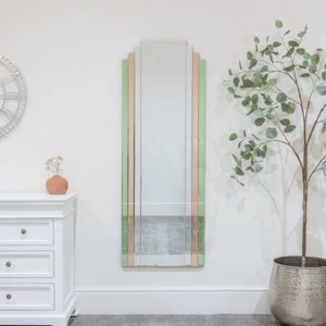 Large Frameless Pink & Green Glass Art Deco Wall Mirror 52cm x 142cm - Picture 1 of 3