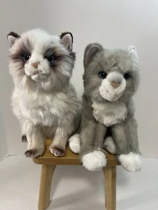 Realistic Cat Plush Stuffed Animals Lot Of 2 White Long Hair And Grey Blue Eyes  - Picture 1 of 11