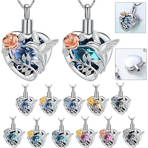 Hummingbird Rose Flower Crystal Heart Urn Pendant Necklace for Cremation Ashes - Picture 1 of 19