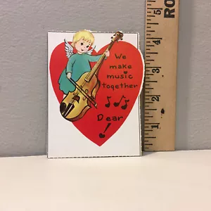Biglietto San Valentino Vintage Bambina Angelo Violoncello "Facciamo Musica Insieme" mai usato - Foto 1 di 2