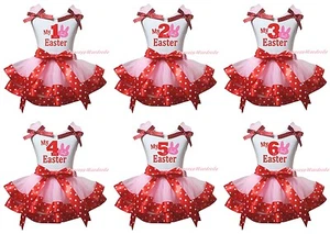 MY 1ST 2ND 3RD Easter Bunny Birthday White Top Pink Minnie Satin Trim Skirt 0-8Y - Picture 1 of 11