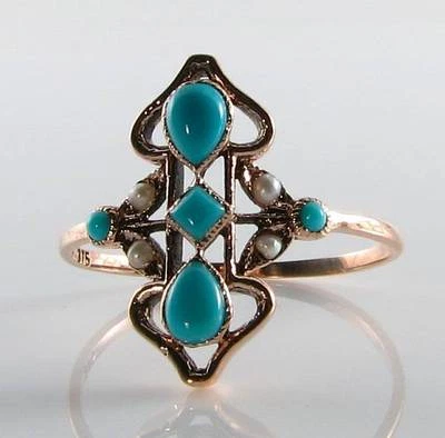 LOVELY LONG VICTORIAN INS 9CT ROSE GOLD TURQUOISE & PEARL RING FREE RESIZE - Image 1 of 4