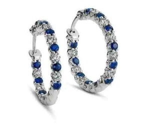 14K White Gold Plated 2Ct Round Lab Created Blue Sapphire Huggie Hoop Earrings - Picture 1 of 6
