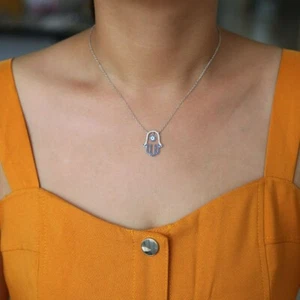 New Silver Turkish Lucky Evil Eye Necklace For Women Blue Fatima Hand Chain Gift - Picture 1 of 6