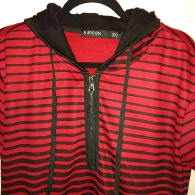 Hudson Mens Outerwear Red/Black Stripes Drawstring Cotton Oversize Hoodie US XL - Image 1 of 4