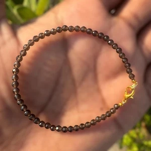 Bracciale Energia Messa a Terra Perline Gemme Rotonde Sfaccettate Quarzo Fumè Marrone 6-8'' - Foto 1 di 13