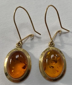 Superb vintage 9CT Gold Amber Drop Earrings - Picture 1 of 14