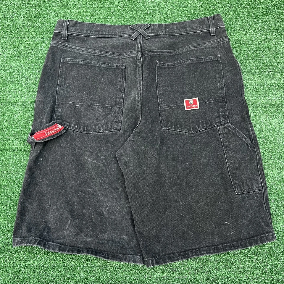 De Colección Tommy Hilfiger Pantalones Cortos Para Hombres 39x12.5" Negro Carpintero Suelto Largo Jean Jort Y2K Foto 1 de 4
