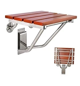Teak Wood Wall Mount Folding Shower Seat Bench Chair, Modern Slat Style - NOB - Picture 1 of 7
