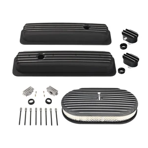 Black Short Valve Cover & 15" Air Cleaner & Breather For SBC Chevy 327 350 87-97 - Picture 1 of 12