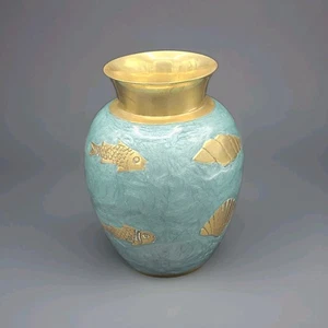 Küsten Messing Vase türkis blau gold Meereslebewesen Fische, Muscheln & Seesterne Stranddeko - Bild 1 von 11