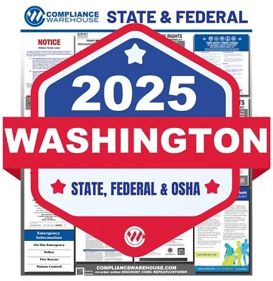 COMPLIANCE WAREHOUSE 2025 Washington WA State/Fed Labor Law All In1 Compliance Poster Paper/Laminated