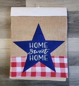 Patriotic Table Runner 16"x80" Red White Blue Plaid Stars Burlap Home Sweet Home - Picture 1 of 8
