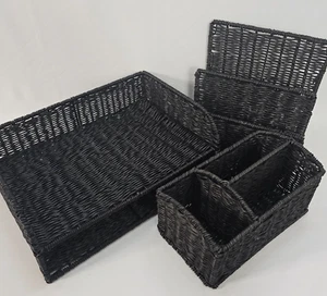Juego de 3 organizadores de escritorio de oficina estilo mimbre hechos de nailon sintético negro - Imagen 1 de 14