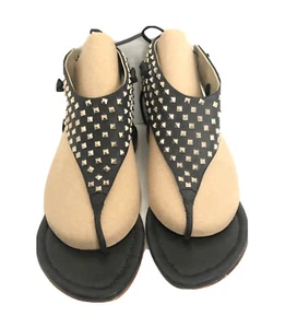 Candela NYC  Women's Leather Flat Studded Sandals Black Size 7.5 SH433 - Picture 1 of 8