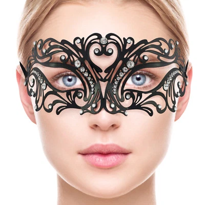 Venetian Masquerade Metal Mask | Black Lace with Clear Diamante PROM Fancy Dress - Image 1 of 4