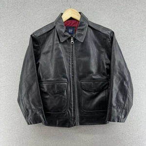 Vintage GAP Kids Leather Jacket Medium (7-8) Bomber Pockets Quilt Lined Black - Picture 1 of 15