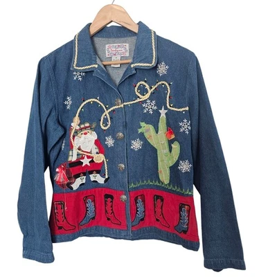 Vintage Western Christmas Blouse Women Medium Denim Santa Cowboy Boots Cactus - Image 1 of 4