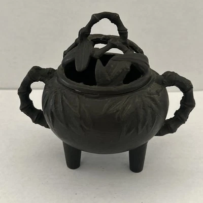 Chinese Bronze Incense Burner Censer 3.5”H, Lid Floral Decor Exquisite Antique - Image 1 of 4