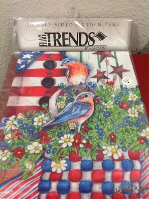 PATRIOTIC BLUEBIRDS CUARTO DE JULIO Doble Cara 12.5" x 18" Bandera Jardín ~LINDA~ Foto 1 de 4