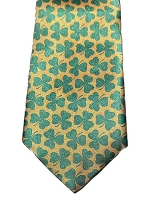 Irish Clover Mens Tie Gold Green Geometric NeckTie Polyester Classic - Image 1 of 4