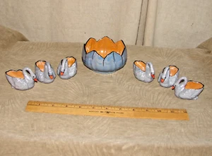 Noritake Morimura Orange Luster Lotus Bowl Master Salt + 6 Swan Cellars ca. 1918 - Picture 1 of 9