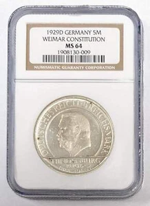 1929 D Germany 5 Mark Weimar Constitution NGC MS 64 - Picture 1 of 3