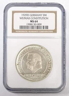 1929 D Germany 5 Mark Weimar Constitution NGC MS 64 - Image 1 of 3