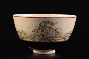 F2387: Japanese Kiyomizu-ware Colored porcelain Gold paint Wave TEA BOWL - Picture 1 of 8
