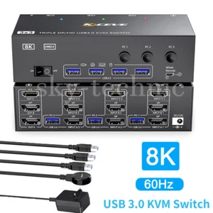 2024 HDMI DP USB 3.0 KVM Switch 3 Monitors 3 PCs 8K@60Hz 4K@144Hz Triple Monitor - Picture 1 of 28