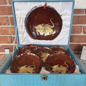 vintage Japanese lacquerware set featuring dragon motif Serving Bowl, Plates - Picture 1 of 10