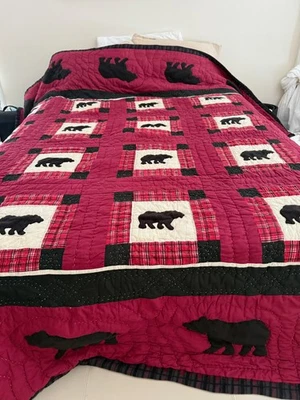 WOOLRICH хлопок черный медведь лоскутное одеяло хижина фермерский дом одеяло королева - Изображение 1 из 4