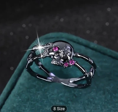 New  Ladies Size 9 Pink Zircona Black Gun Metal Skully Ring - Image 1 of 4