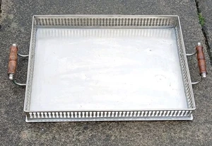 Metal gallery serving tray with wooden handles, used 20 ins - Picture 1 of 4
