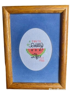 Vintage 1988 punto croce incorniciato cottage nucleo anguria arte popolare 5x7 - Foto 1 di 4