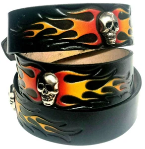 American Skull & Flame Belt,Genuine Leather,1 1/2 "wide,Biker's Favorite Design  - Picture 1 of 8